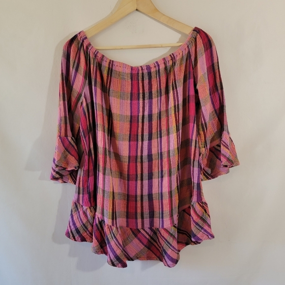 Beach Lunch Lounge Women's Red Orange Plaid Peasant Top Sz L Off Shoulder Gauze - Picture 2 of 12